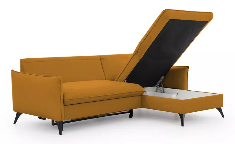 BIANOCA L-veida stūra dīvāns ar gulēšanas funkciju, ar konteineru, sinepes hidrofobs samts, kreisa/laba puse - N1 Home