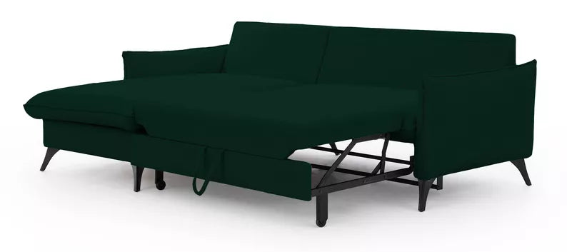 BIANOCA L-veida stūra dīvāns ar gulēšanas funkciju, ar konteineru, tumši zaļš hidrofobs samts , kreisa/laba puse - N1 Home