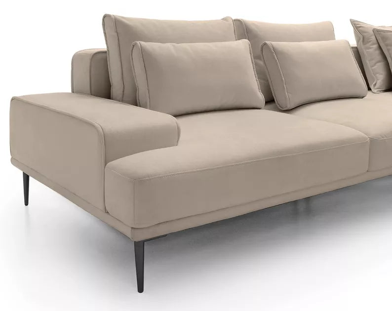 SITOME L-formas dīvāns ar gulēšanas funkciju, krēmkrāsas samts, melnas kājas, kreisa/laba puse - N1 Home