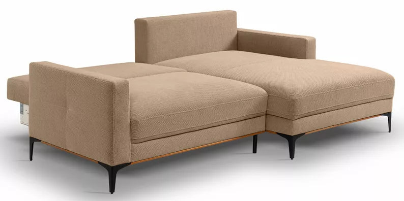 DASSINO L-formas stūra dīvāns ar gulēšanas funkciju ar glabātuvi, smilškrāsas hidrofobs šenils, kreisa/laba puse - N1 Home