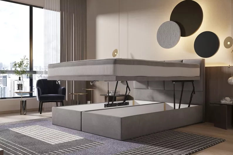 CATALEMER Kontinentālā gulta 140/160/180/200 x200 cm ar matraci un konteineriem, pelēks samts - N1 Home