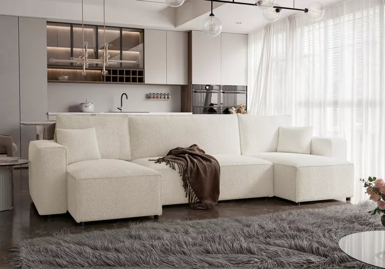 CARLO U-veida stūra dīvāns ar gulēšanas funkciju, ar konteineri, universāls, krēmkrāsas bukle - N1 Home