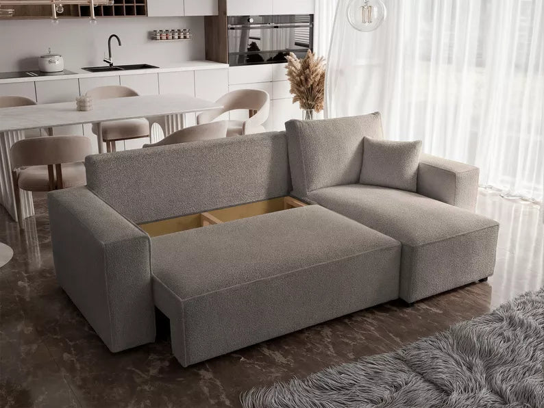 CARLO L-veida stūra dīvāns ar gulēšanas funkciju, ar konteineri, universāls, gaiši brūns bukle - N1 Home