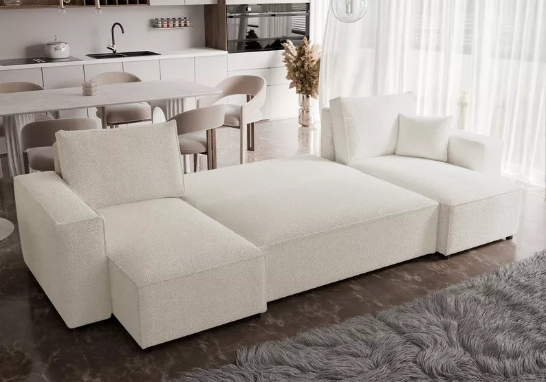 CARLO U-veida stūra dīvāns ar gulēšanas funkciju, ar konteineri, universāls, krēmkrāsas bukle - N1 Home