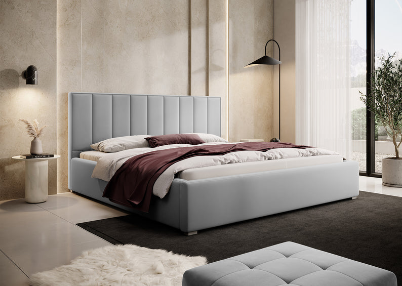 NIRUS Mīkstā gulta  140/160/180/200x200 cm ar konteineri, no gaiši pelēka hidrofobā auduma - N1 Home