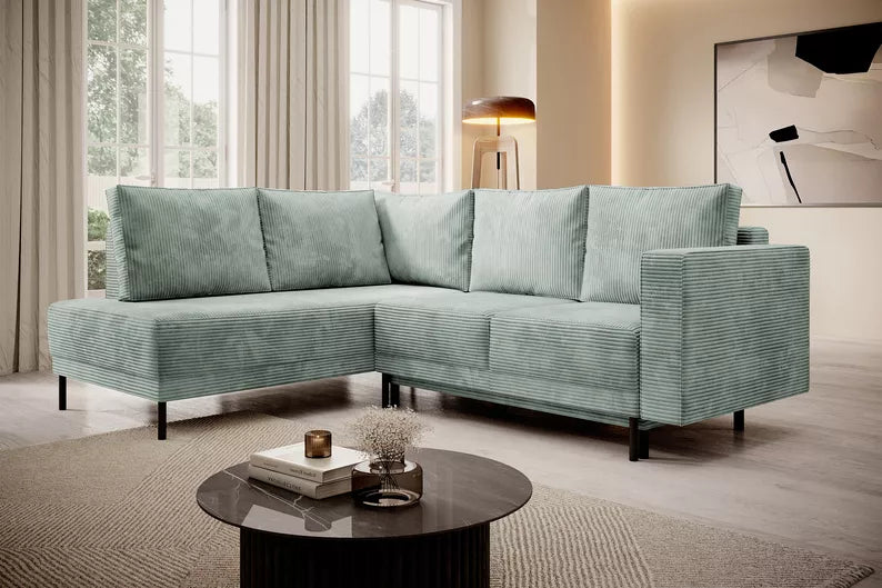 RIO Stūra dīvāns ar gulēšanas funkciju, ar konteineru, gaiši pelēks velvets, kreisa/laba puse - N1 Home