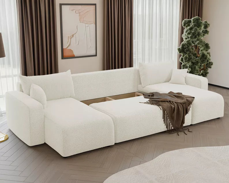 NONIPIA U-formas stūra dīvāns ar gulēšanas funkciju, ar konteineri, universāls, krēmkrāsas bukle - N1 Home