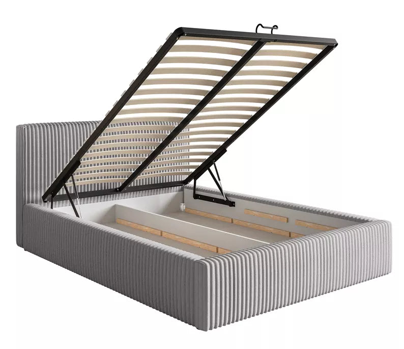 LIOTI Mīkstā gulta 140/160/180x200 cm  ar glabātuvi, metāla rāmis, gaiši pelēks biezs velvets - N1 Home