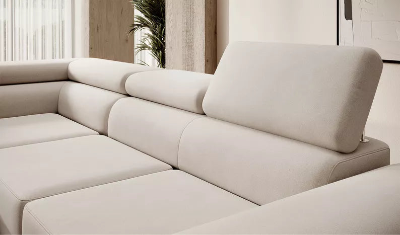 VILSTEV L-formas stūra dīvāns ar gulēšanas funkciju, ar konteineru, gaiši bēšs samts, laba puse - N1 Home