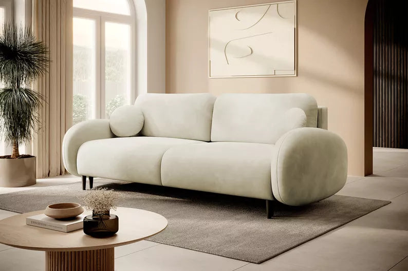 FRABA Izvelkamais dīvāns ar gulēšanas funkciju, veļas konteineru, krēmkrāsas velveta - N1 Home