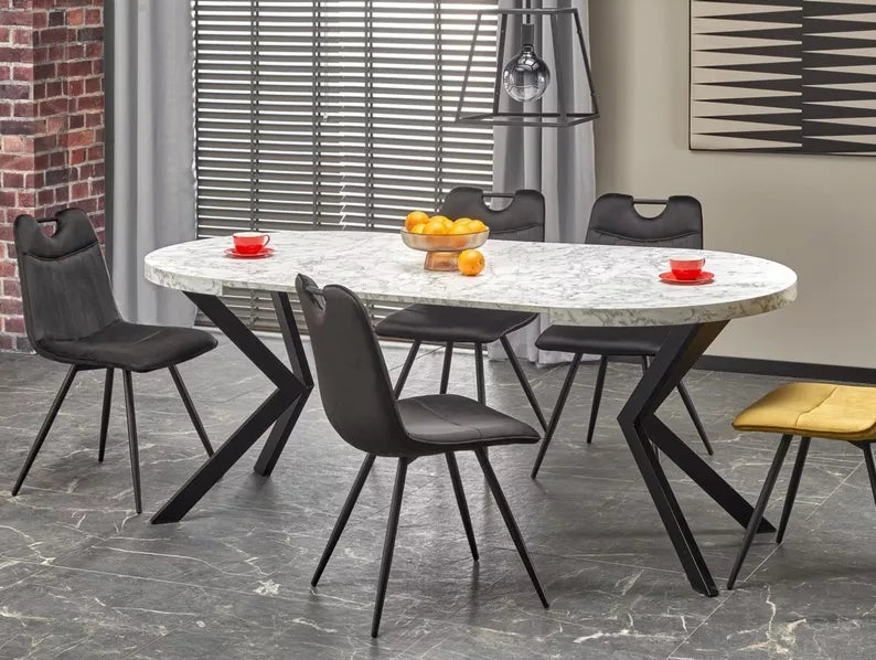 RELER Izvelkamais galds 100-250x100 cm, balts marmors/melns - N1 Home