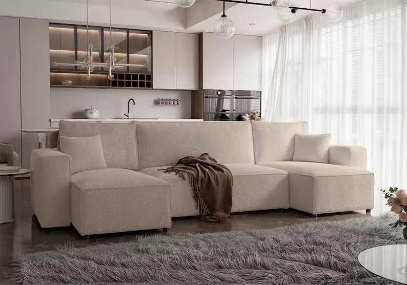 CARLO U-veida stūra dīvāns ar gulēšanas funkciju, ar konteineri, universāls, gaiši bēšs bukle - N1 Home