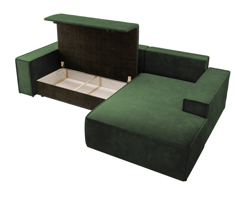 REFESE L-veida dīvāns ar gulēšanas funkciju un glabāšanas kasti, zaļš velvets, kreisa/laba puse - N1 Home