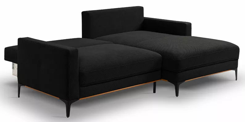 DASSINO L-formas stūra dīvāns ar gulēšanas funkciju ar glabātuvi, melns hidrofobs šenils, kreisa/laba puse - N1 Home