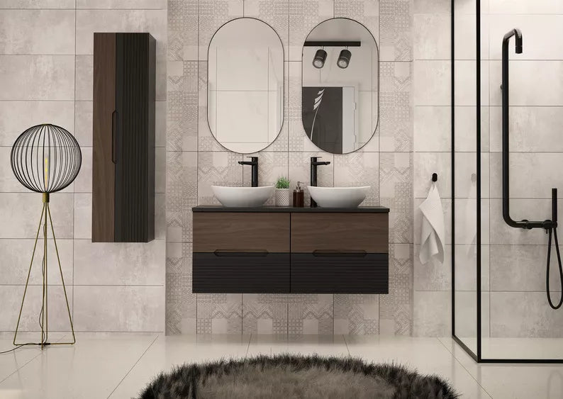 VELAV Vannas istabas komplekts ar diviem skapjiem un galda izlietnēm 120 cm, rievotas fasādes, matēts melns / riekstkoks - N1 Home