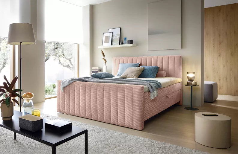 BINOLULA Kontinentālā gulta 1160/80x200 cm ar matraci un konteineriem, gaiši rozā velveta - N1 Home