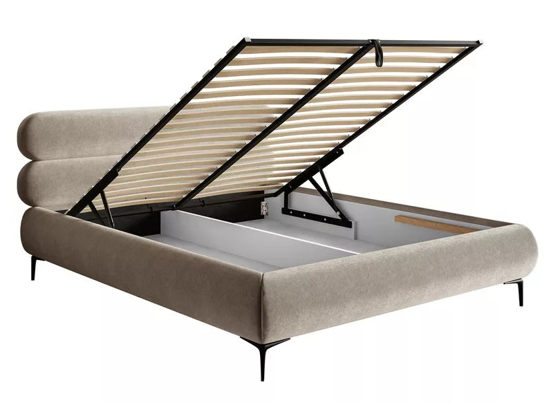 LOURE Mīkstā gulta 140/160/180x200 cm ar glabātuvi, metāla rāmis, pelēks un bēšs hidrofobs samts, melnas kājas - N1 Home