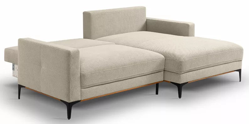 DASSINO L-formas stūra dīvāns ar gulēšanas funkciju ar glabātuvi, krēmkrāsas hidrofobs šenils, kreisa puse - N1 Home