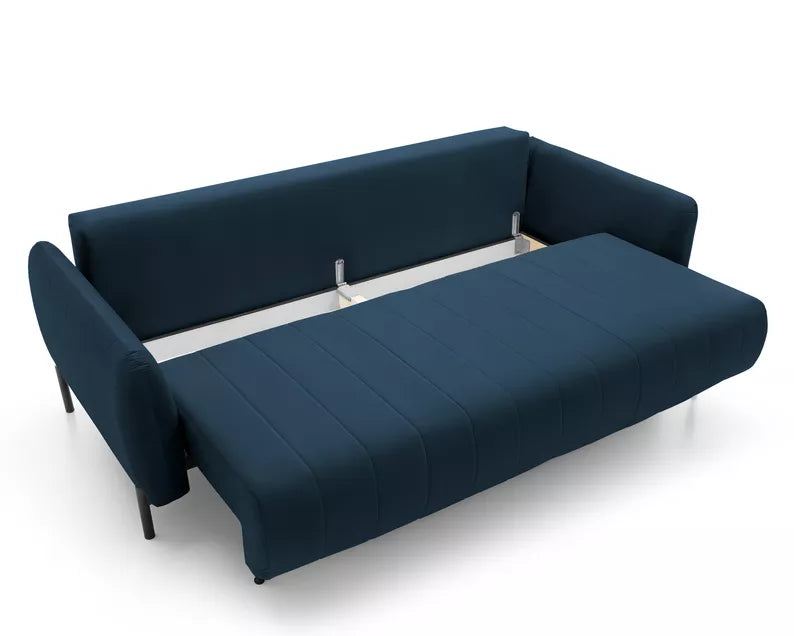 LEVA Tumši zils trīsvietīgs dīvāns ar konteineru, no hidrofobiskā velūra auduma, melnām kājām - N1 Home