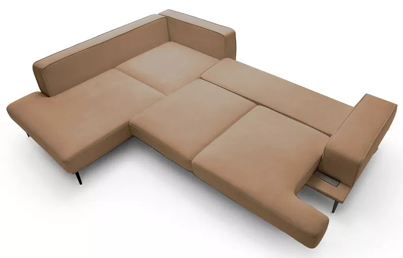 SITOME L-formas dīvāns ar gulēšanas funkciju, bēšs samts, melnas kājas, kreisa/laba puse - N1 Home