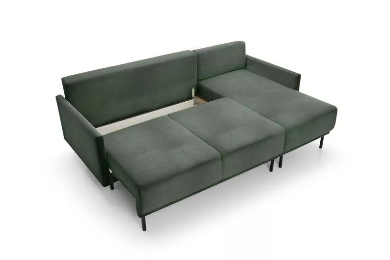 NOMIEL L-formas izvelkamais stūra dīvāns ar konteineru, zaļš hidrofoba audums - N1 Home