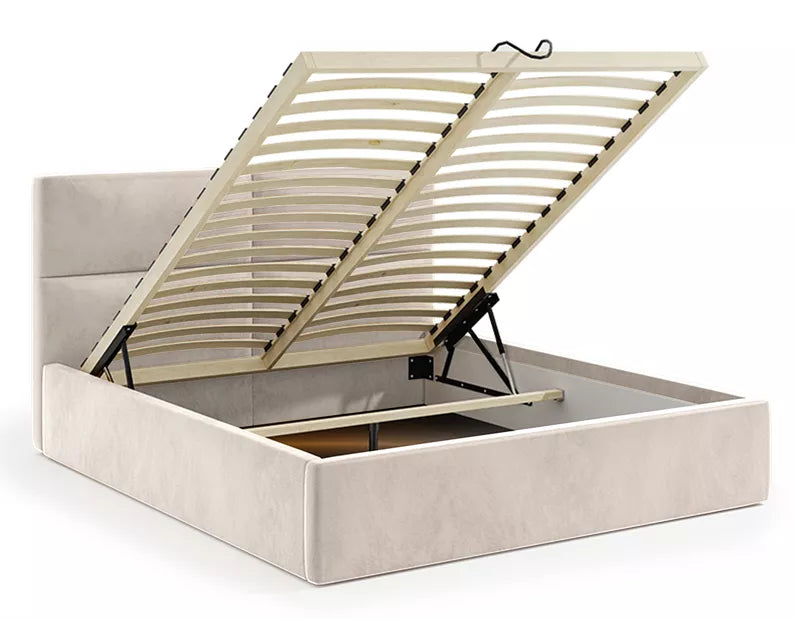 MAHEL Polsterēta gulta 140/160/180x200 cm ar glabātuvi, bēšs samts - N1 Home