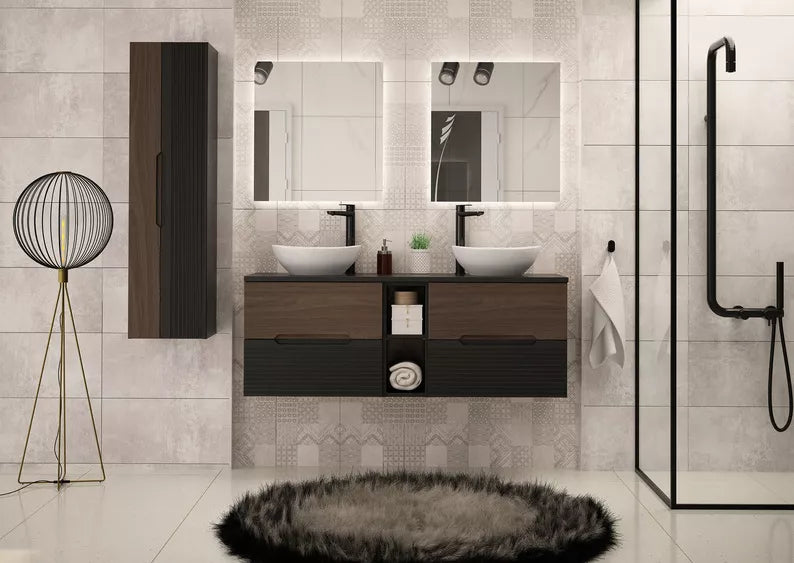 VELAV Vannas istabas komplekts ar izlietnēm uz galda un skapis 175 cm, rievotas fasādes, matēts melns / riekstkoks - N1 Home