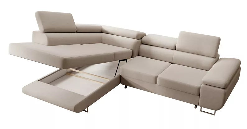 VILSTEV L-formas stūra dīvāns ar gulēšanas funkciju, ar konteineru, gaiši bēšs samts, laba puse - N1 Home