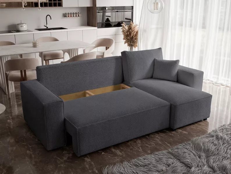 CARLO L-veida stūra dīvāns ar gulēšanas funkciju, ar konteineri, universāls, tumši pelēks bukle - N1 Home