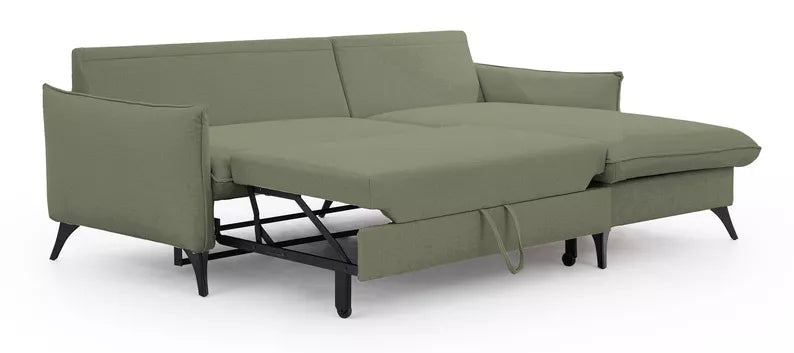 BIANOCA L-veida stūra dīvāns ar gulēšanas funkciju, ar konteineru, olīvzaļš hidrofobs samts, kreisa/laba puse - N1 Home