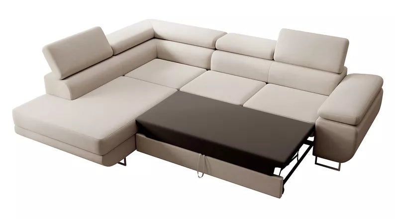 VILSTEV L-formas stūra dīvāns ar gulēšanas funkciju, ar konteineru, gaiši bēšs samts, laba puse - N1 Home