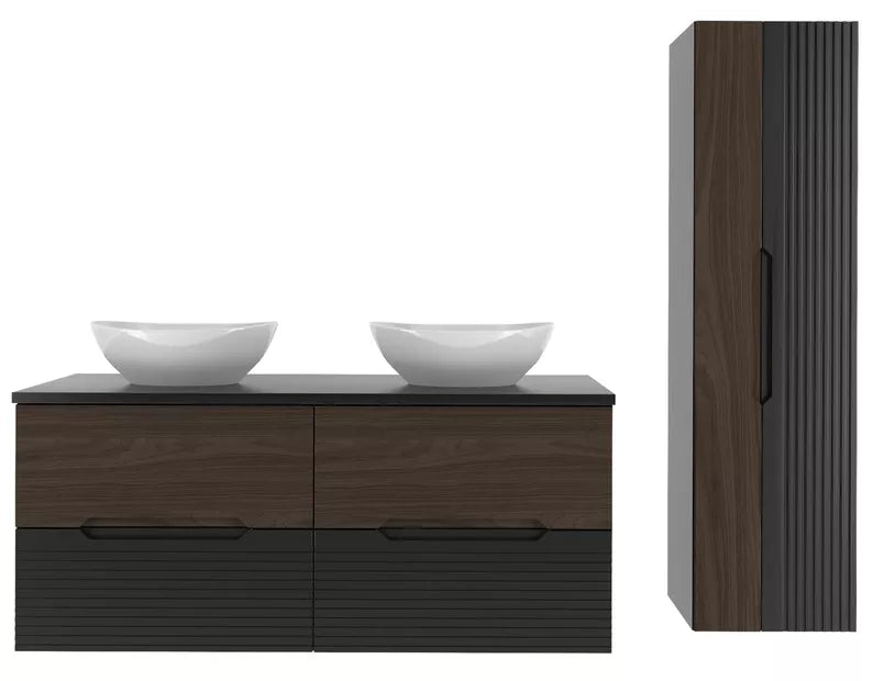 VELAV Vannas istabas komplekts ar izlietnēm uz galda un skapis 155 cm, rievotas fasādes, matēts melns / riekstkoks - N1 Home