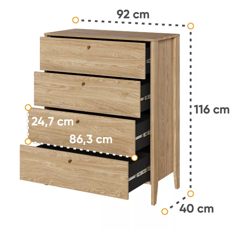 ZOCY Kumode ar četrām atvilktnēm, 92 cm, eļļots ozols - N1 Home