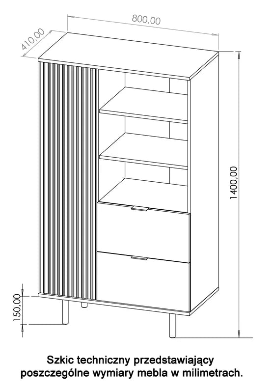 BLAZKA Grāmatu skapis, 80 cm, viendurvis, ar divām atvilktnēm, kašmira lameles - N1 Home