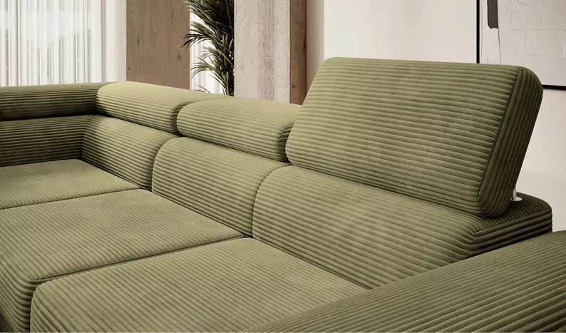 VILSTEV L-formas stūra dīvāns ar gulēšanas funkciju, ar konteineru, olīvu velveta, kreisa/laba puse - N1 Home