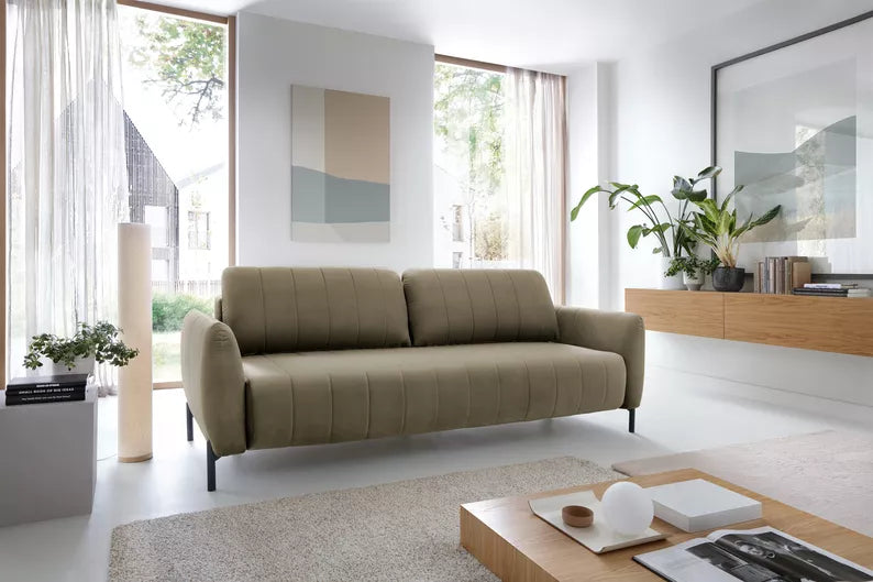 LEVA Bēšs trīsvietīgs dīvāns ar konteineru, no hidrofobiskā velūra auduma, melnām kājām - N1 Home