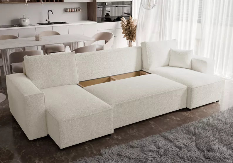 CARLO U-veida stūra dīvāns ar gulēšanas funkciju, ar konteineri, universāls, krēmkrāsas bukle - N1 Home