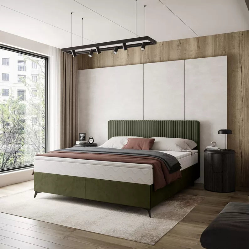 WOFAL Kontinentālā gulta 140/160/180x200 cm ar matraci un glabātuvi, olīvu biezs velvets - N1 Home