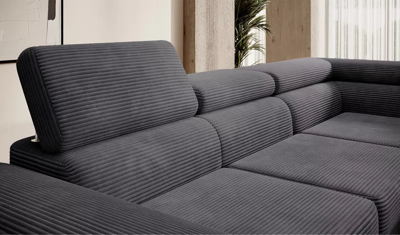 VILSTEV L-formas stūra dīvāns ar gulēšanas funkciju, ar konteineru,  tumši pelēks velvets, kreisa/laba puse - N1 Home