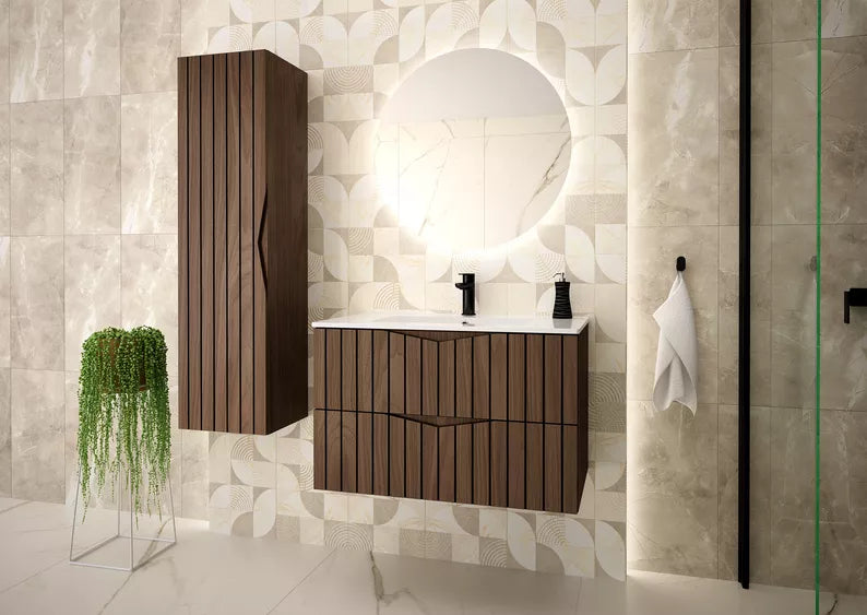 DELLA Vannas istabas komplekts ar izlietni un skapīti, piekaramais skapis, 95 cm, rievotas riekstkoka/matēti melnas fasādes - N1 Home