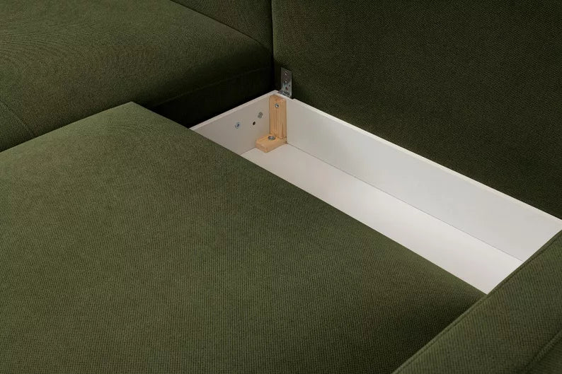 DASSINO L-formas stūra dīvāns ar gulēšanas funkciju ar glabātuvi, tumši zaļš hidrofobs šenils, kreisa/laba puse - N1 Home