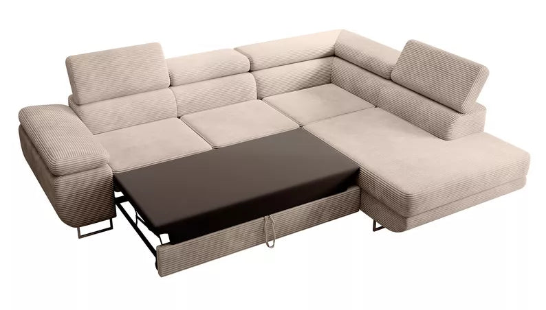 VILSTEV L-formas stūra dīvāns ar gulēšanas funkciju, ar konteineru, tumši bēšs velvets, laba puse - N1 Home