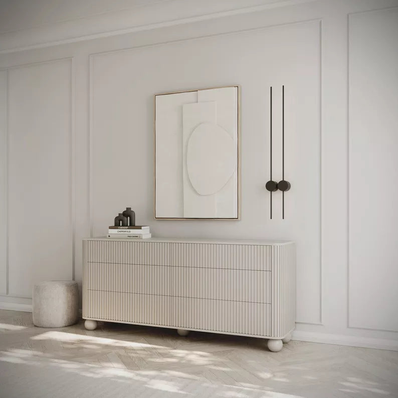 VELLORE Kumode ar rievām un sešām atvilktnēm, 168 cm, uz pelēki bēšām kruķu kājām - N1 Home