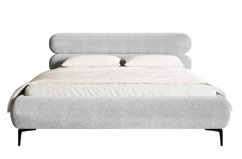 LOURE Mīkstā gulta 140/160/180x200 cm ar glabātuvi, metāla rāmis, gaiši pelēks  hidrofobs samts, melnas kājas - N1 Home