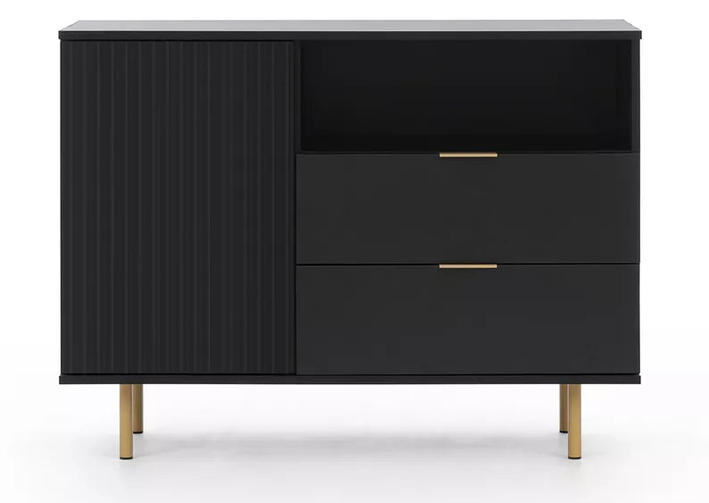 BLAZKA Viendurvju kumode, 107 cm, ar divām atvilktnēm un plauktu, matēti melnas līstes - N1 Home