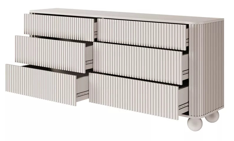 VELLORE Kumode ar rievām un sešām atvilktnēm, 168 cm, uz pelēki bēšām kruķu kājām - N1 Home