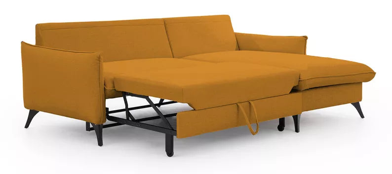 BIANOCA L-veida stūra dīvāns ar gulēšanas funkciju, ar konteineru, sinepes hidrofobs samts, kreisa/laba puse - N1 Home