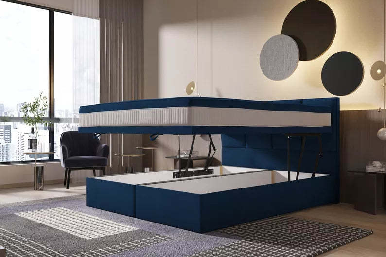 CATALEMER Kontinentālā gulta 140/160/180/200 x200 cm ar matraci un konteineriem, tumši zils samts - N1 Home