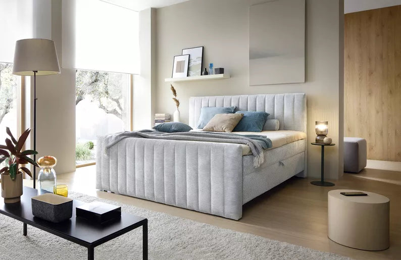 BINOLULA Kontinentālā gulta 1160/80x200 cm ar matraci un konteineriem, gaiši pelēks velvets - N1 Home