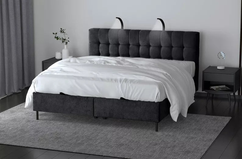 NUNA Kontinentālā gulta 140/160/180x200 cm ar matraci, glabātuvi un LED apgaismojumu, melns samts - N1 Home